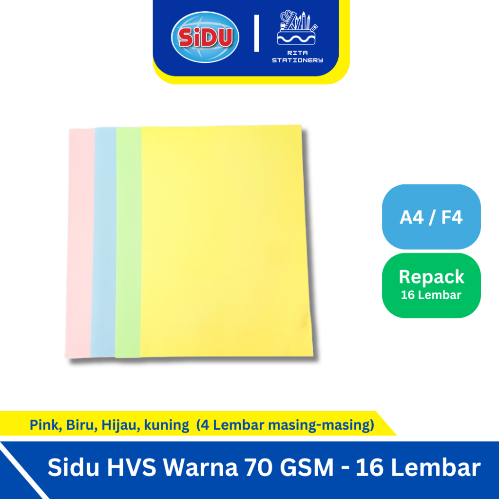 

Kertas HVS Warna A4 70 GSM Sidu 1 pack isi 16 masing-masing 4 warna eceran murah ekonomis