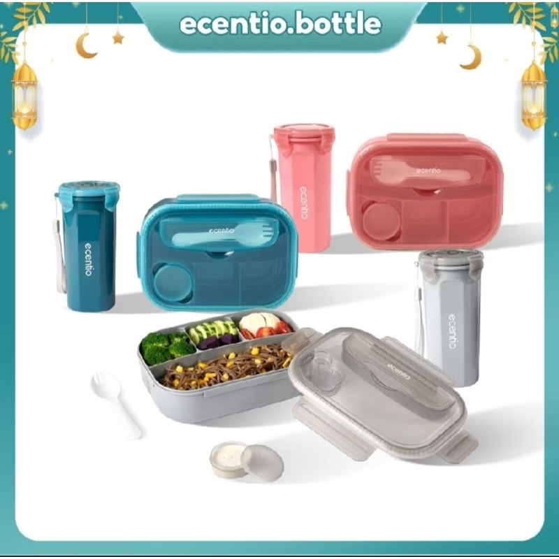 Ecentio Tempat Makan Set Anti Tumpah 1200ml + Botol Minum 500ml / Ecentio Kotak Bekal Makan 4 Sekat 