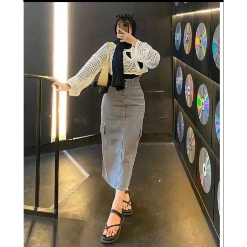 Rok Jeans Cargo Highwaist Rok cargo samping