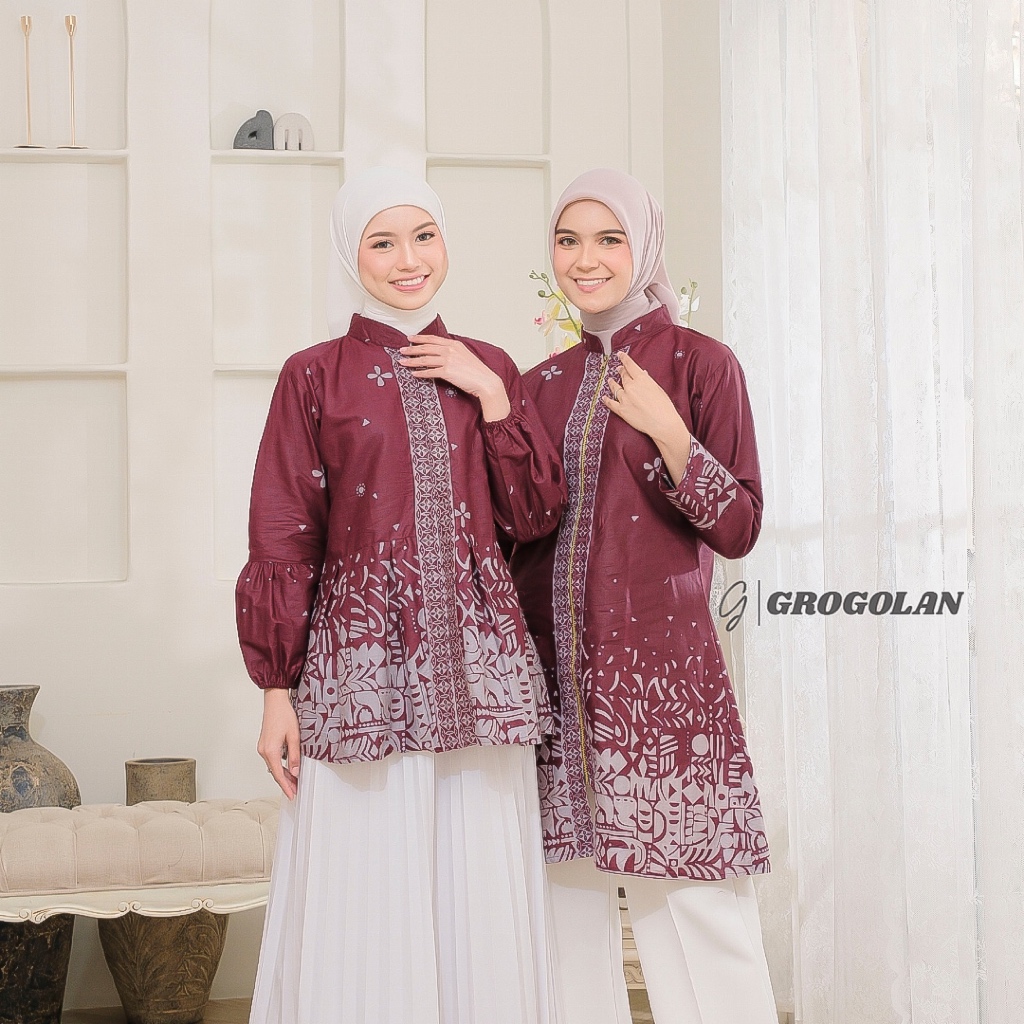 GROGOLAN Blouse Batik Kerja Lengan Balon Atasan Tunik Wanita Motif Kanaya