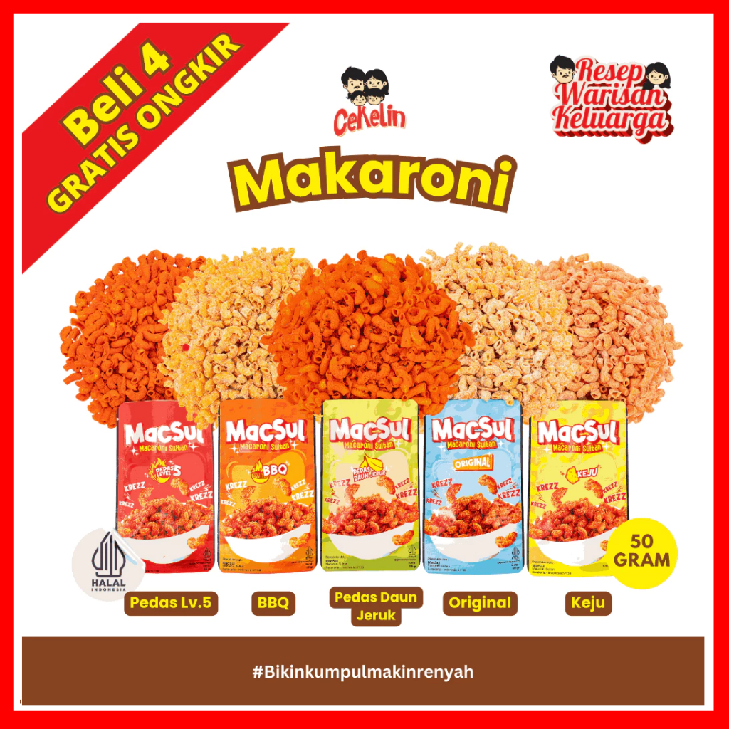 

CEKELIN Cemilan Makaroni - Isi 50gr Beli 4 Hemat Banyak / Makaroni Nyerem