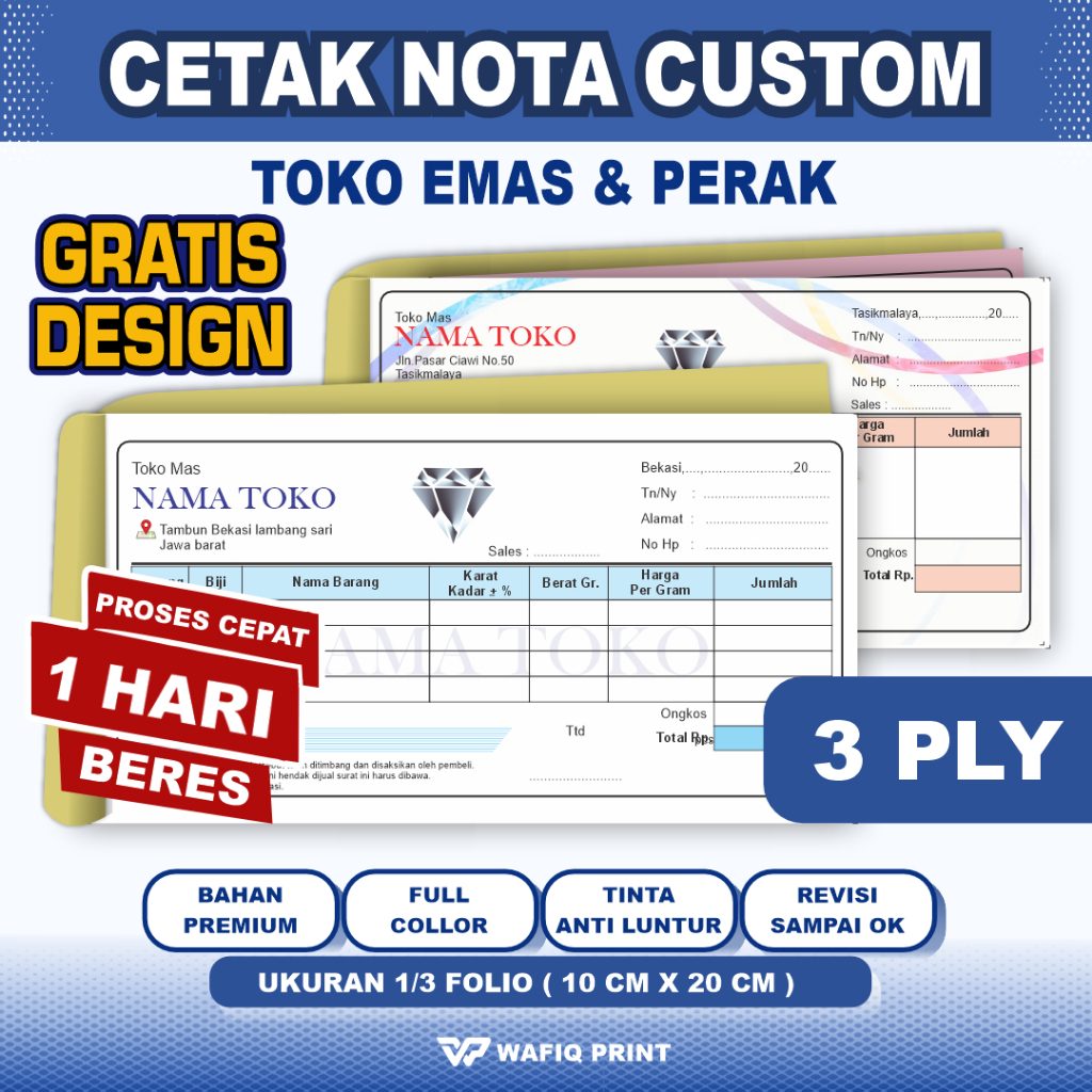 Nota Custom 3 PLY Toko Emas logam mulia perak gratis design ukuran 1/3 Polio full Warna kwitansi