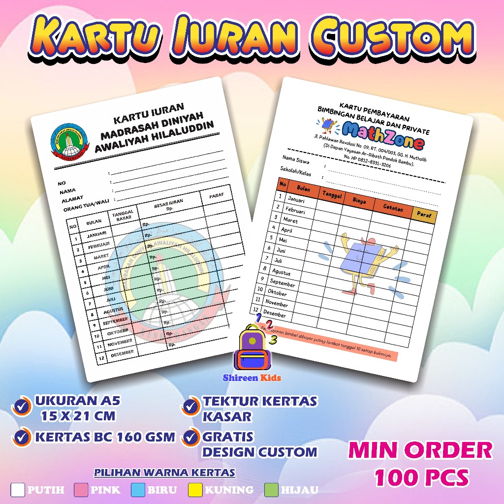 KARTU IURAN ( CUSTOM ) KARTU IURAN RT / KARTU SPP / KARTU INFAQ / KARTU BAYARAN LES SEKOLAH