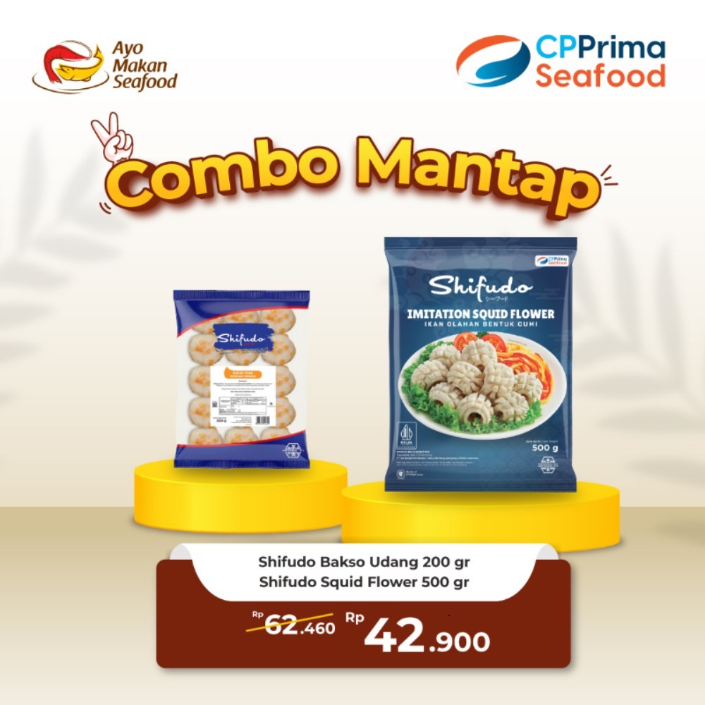 

Paket Combo Mantab : Shifudo Bakso Udang 200gr + Shifudo Cumi Flower 500gr