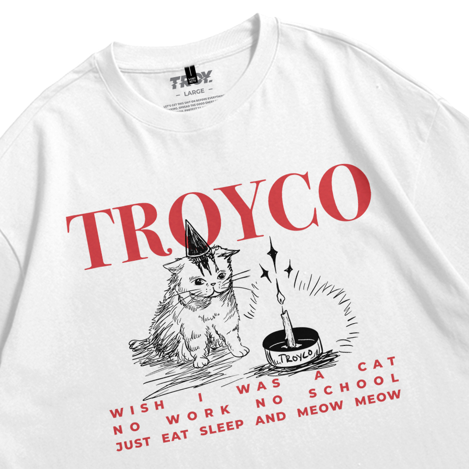 Troy Company Oversize Tshirt White Wish I Was Cat - Kaos Oversize Putih Lengan Pendek OVD 3104