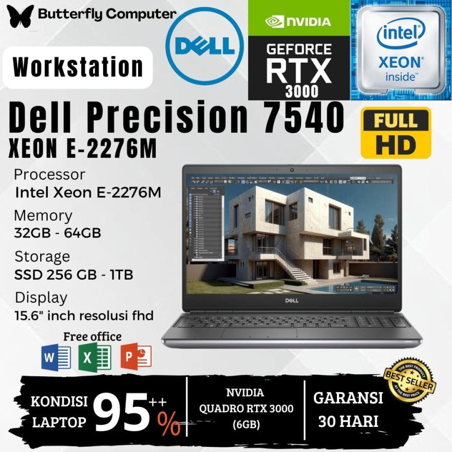 Laptop Dell Precision 7540 Xeon E-2276M - RAM 64GB SSD 1TB - VGA QUADRO RTX 3000 6GB - 15INCH - WORK