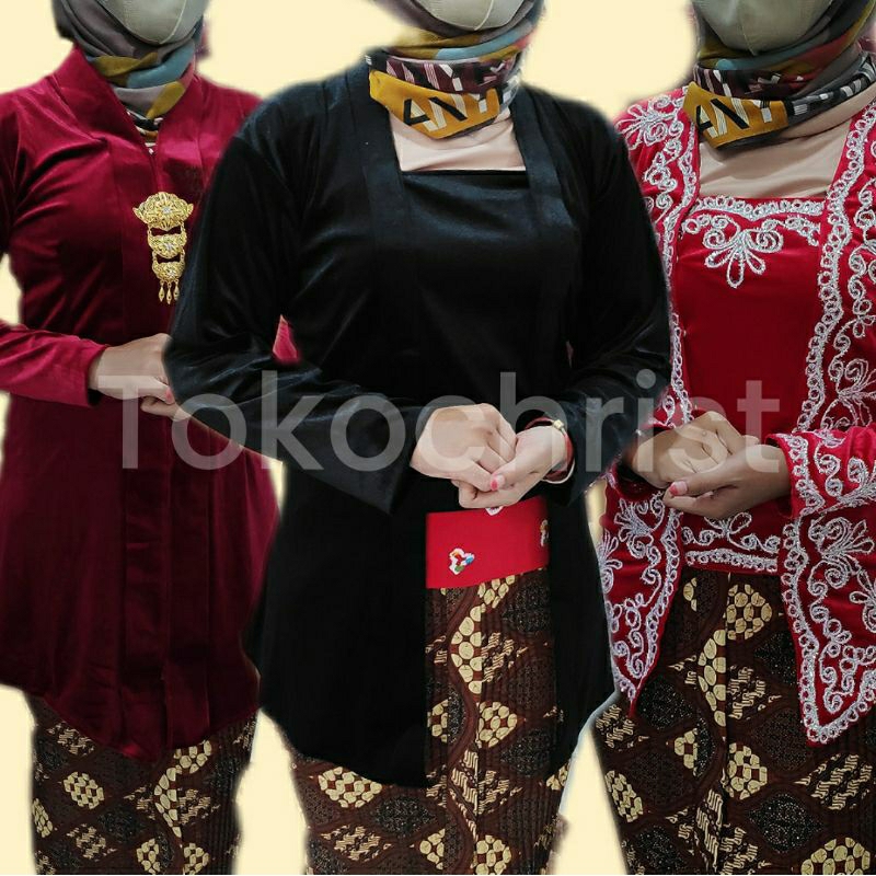 atasan kebaya bludru dewasa / jumbo / remaja tersedia motif bordir & polos warna banyak ( navy ungu 