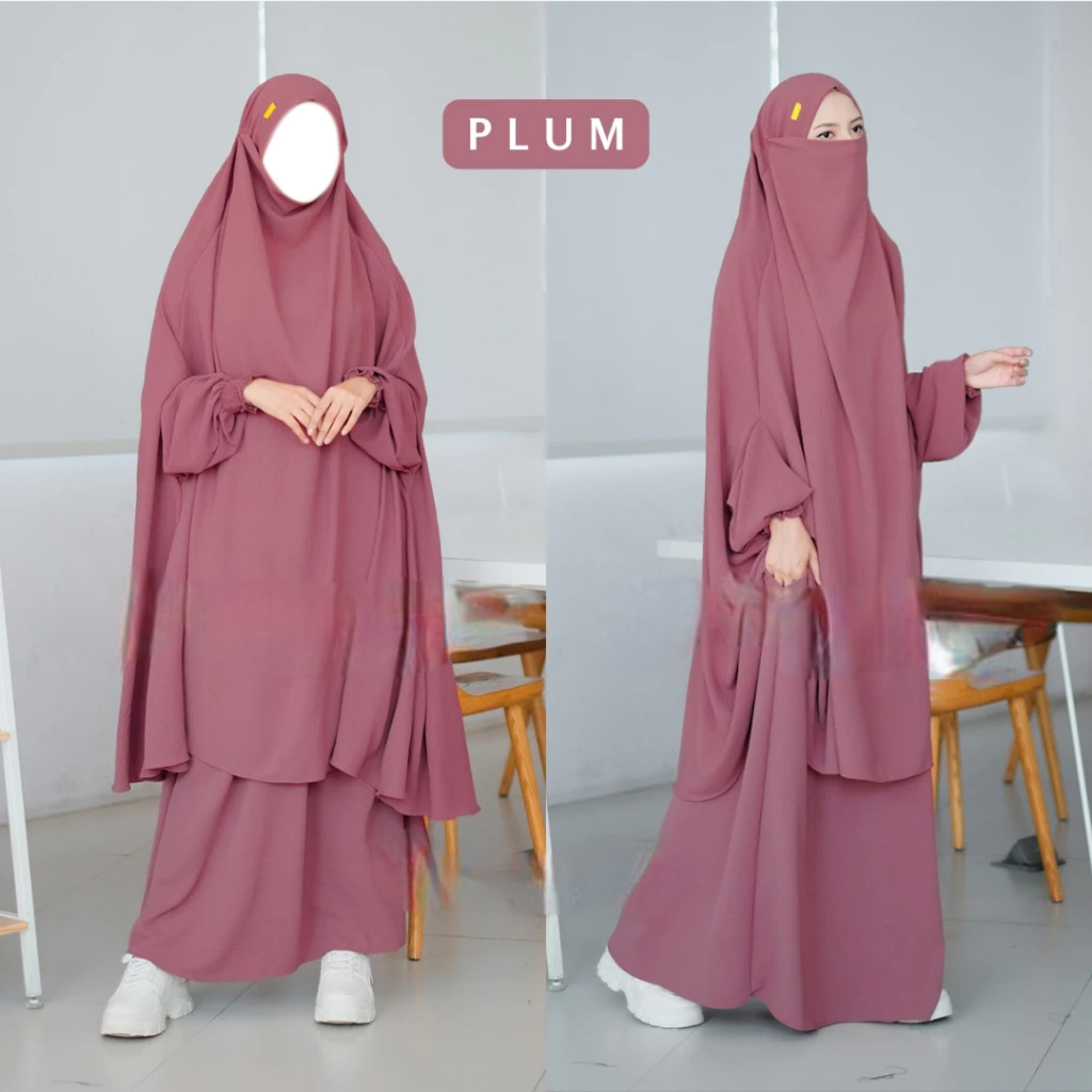 French Set Gamis Khimar Syari Warna Plum – Bahan Dingin Lembut Jatuh Anti Kusut & UV Premium