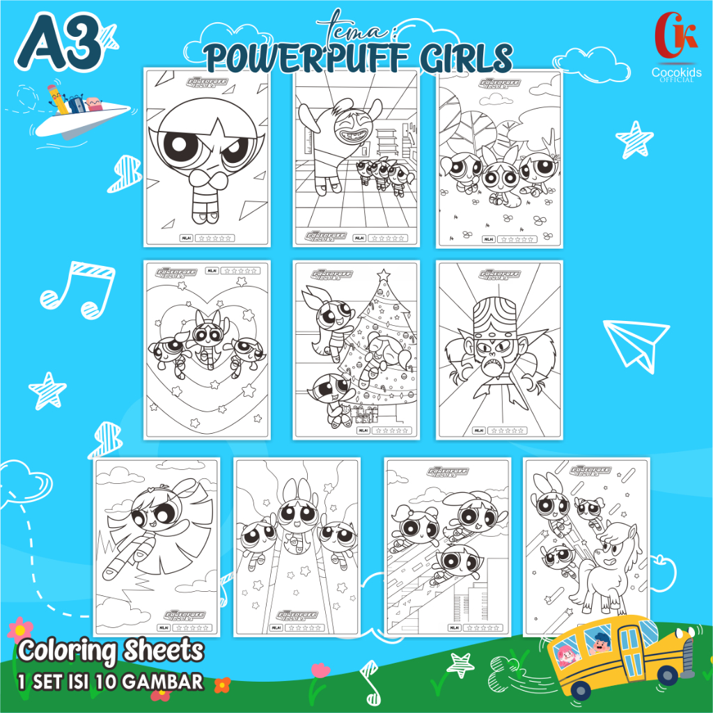 

(POWERPUFF GIRLS 01) KERTAS MEWARNAI ANAK A3 - COLORING SHEETS SERIES 1 - LEMBAR MEWARNAI ANAK PAUD/TK/SD