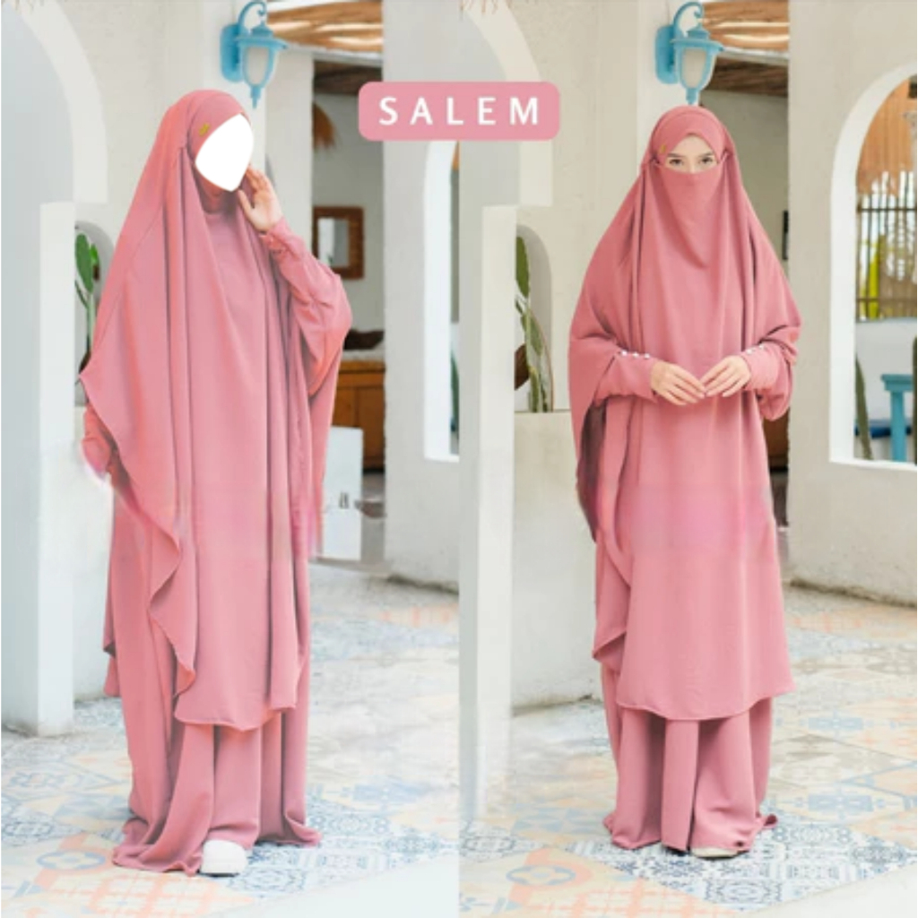 Set Gamis Syari Khimar Muslimah Warna Salem Bahan Lembut Jatuh Anti Kusut Anti UV Lengan Kancing