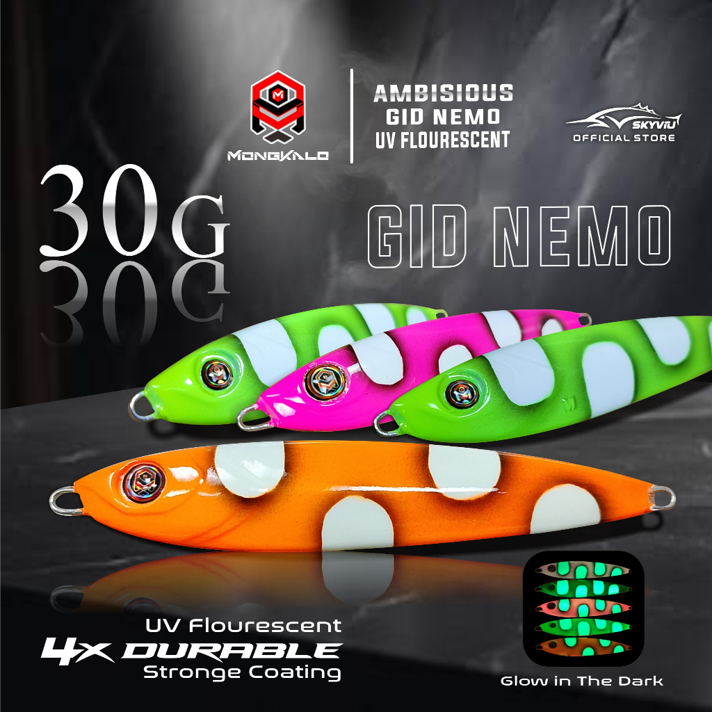 Umpan Killer Metal Jig 30 Gram MONGKALO AMBISIOUS Full GID Nemo UV Flourescent Fosfor Umpan Metal Ji
