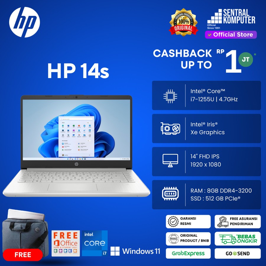 Laptop HP 14s-DQ5155TU i7-1255U SSD 512GB Iris XE 14" FHD IPS W11 OHS