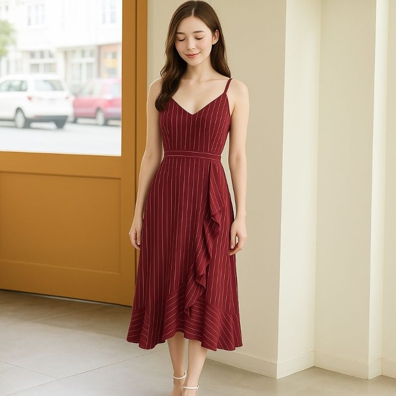 Dress Maxi Wanita Garis Import Bangkok | Dress Panjang Wanita Casual