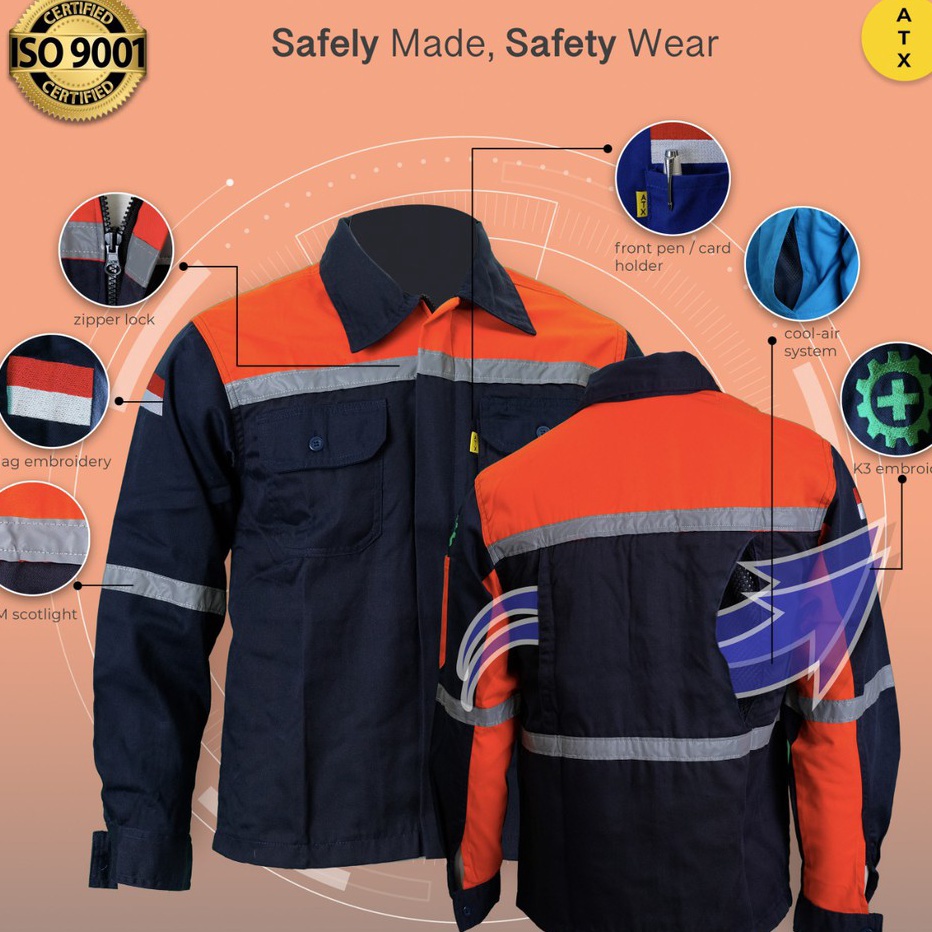 Wearpack Atasan Kemeja Safety Baju Safety Oren Kombinasi Navy ATX