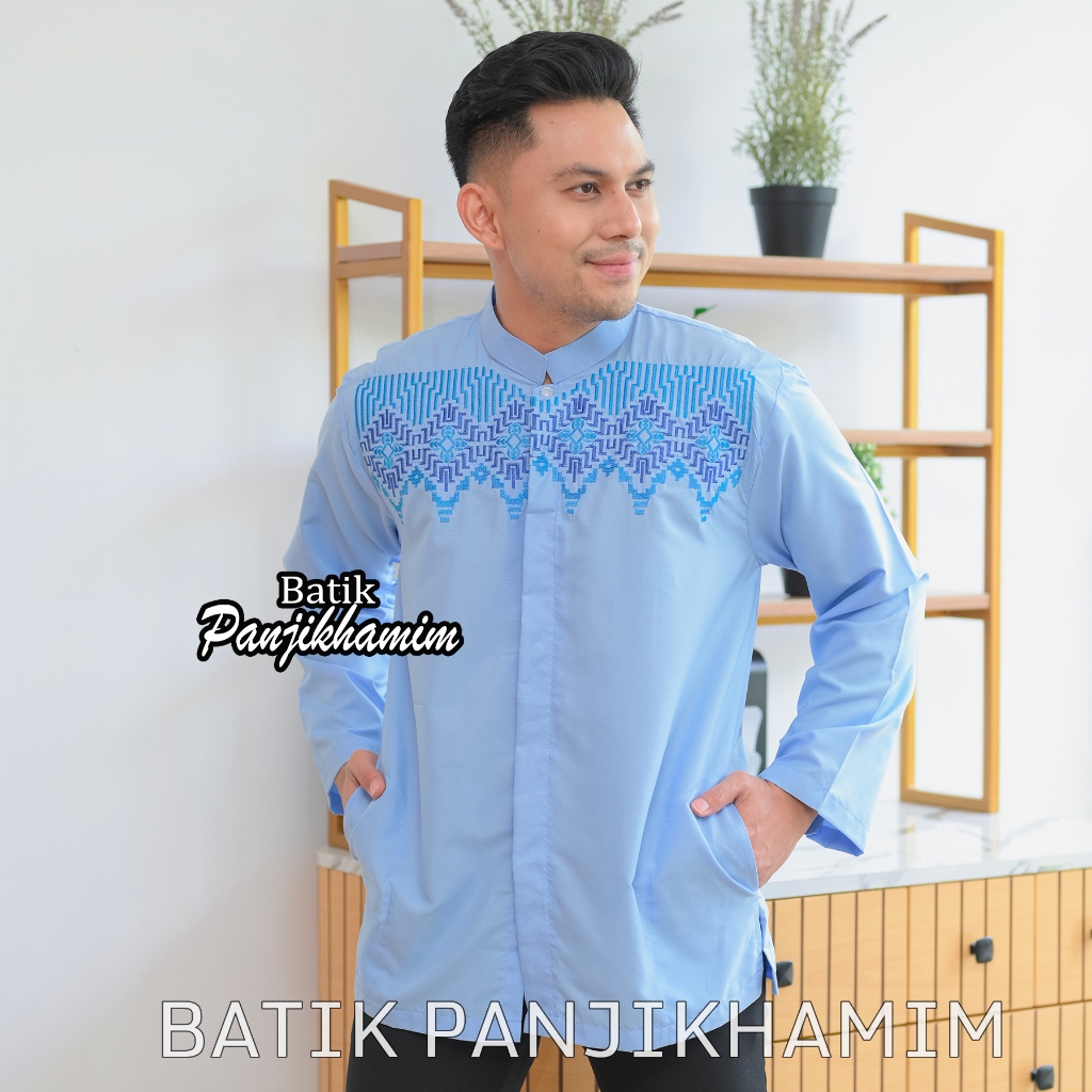FREE ONGKIR BAJU KOKO PRIA LENGAN PANJANG BORDIR WARNA ABU TUA PUTIH BIRU MUDA KATUN BUSANA MUSLIM