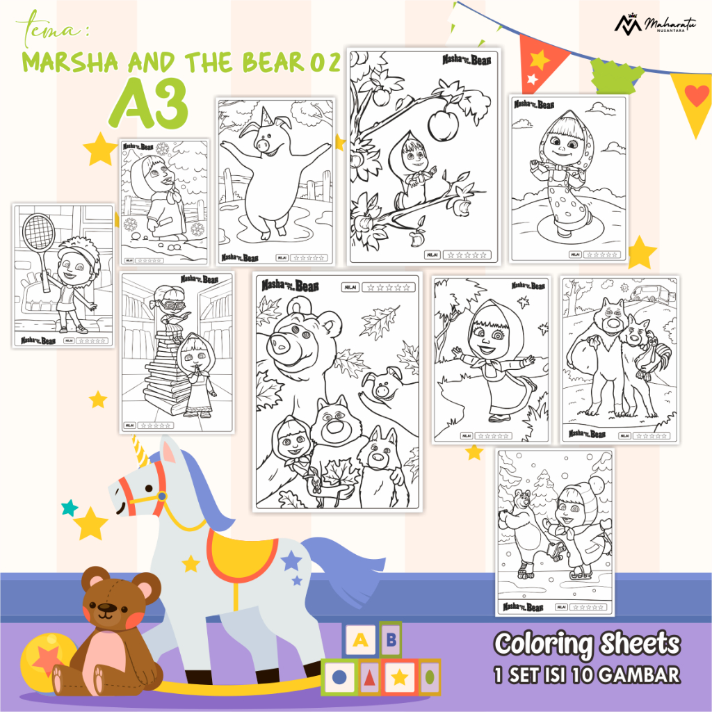 

[MARSHA AND THE BEAR 02] LEMBAR MEWARNAI UNTUK ANAK - KERTAS BER GAMBAR READY STOCK A3 - COLORING SHEETS