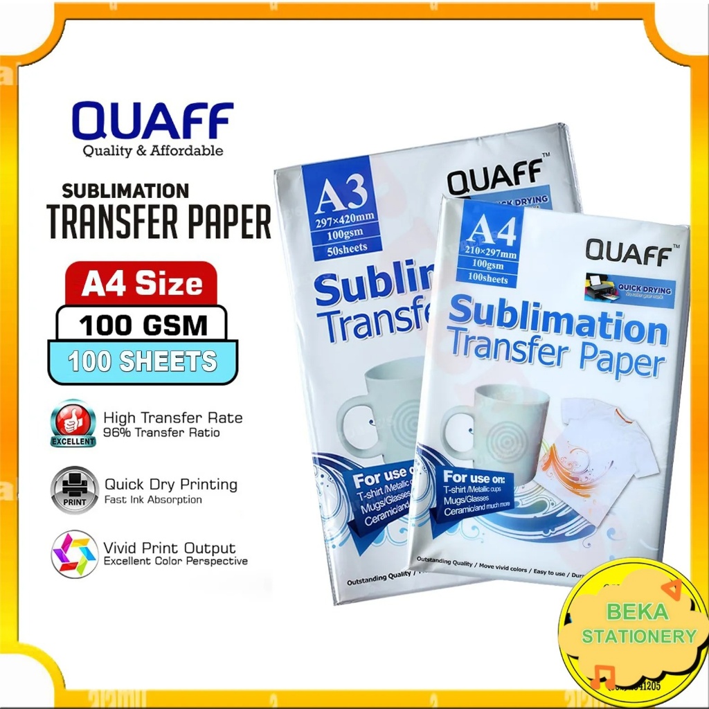 

Quaff Sublimation Paper /Kertas Transfer Paper DUA SISI UKURAN A3 /A4 100gsm, A4 100Lembar | A3 50 Lembar