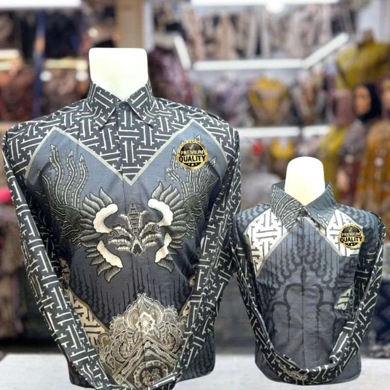 hem batik katun couple ayah dan anak warna abu abu batik lengan panjang