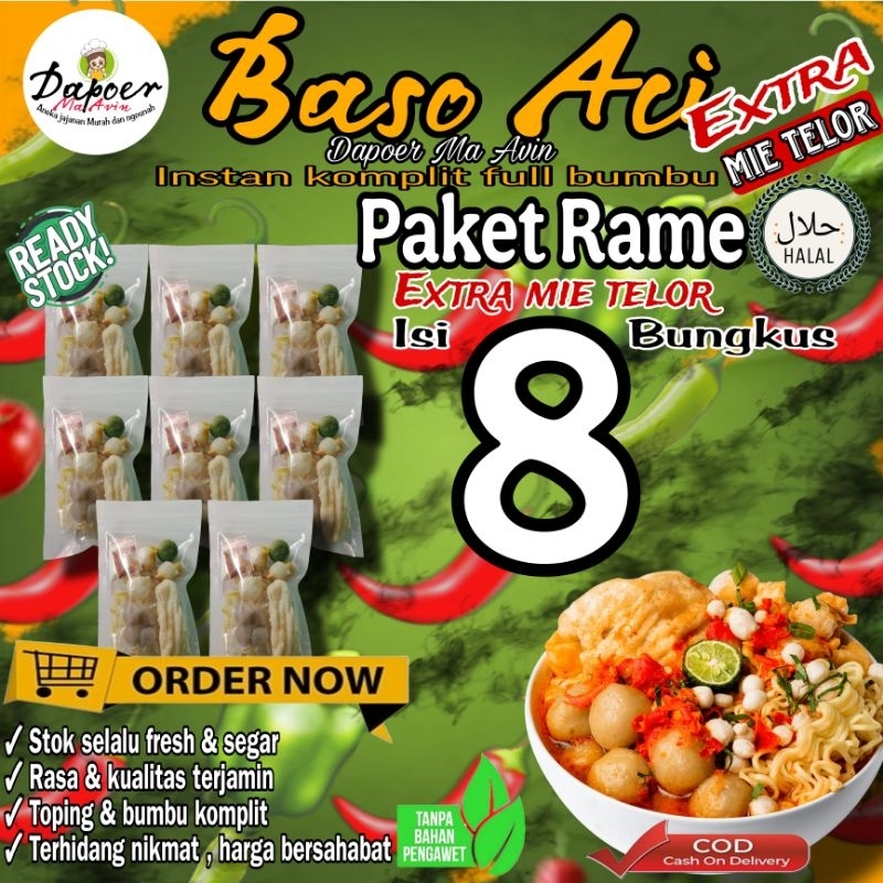 

8 Bungkus [Pakey Rame Extra Mie Telor] Baso Aci Instan Khas Bandung Komplit Full Bumbu Pedas / Bakso olahan / Baci Kuah / Boci Homemade - Makanan Cemilan Viral