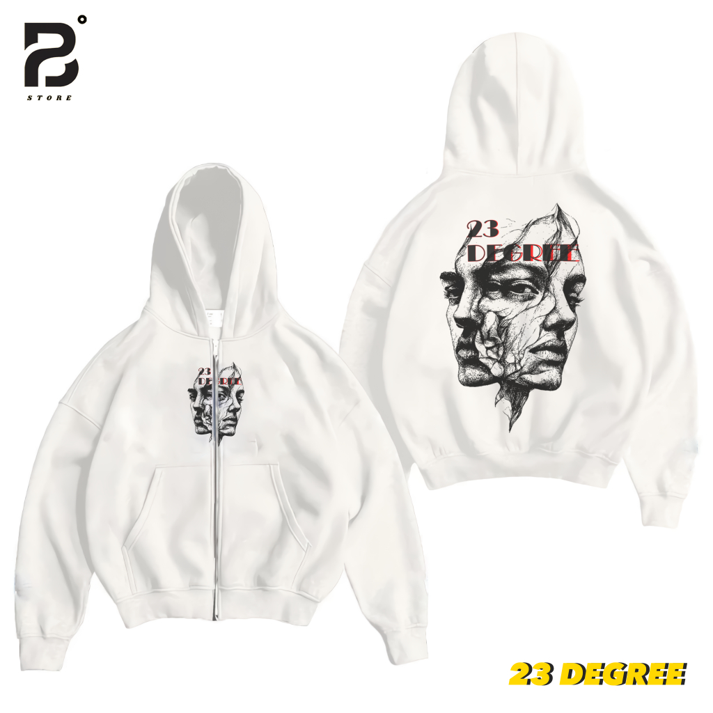 23Degree - Jaket Hoodie Boxy Pria Kerern trend 2025 Motif sablon THE FACES Putih
