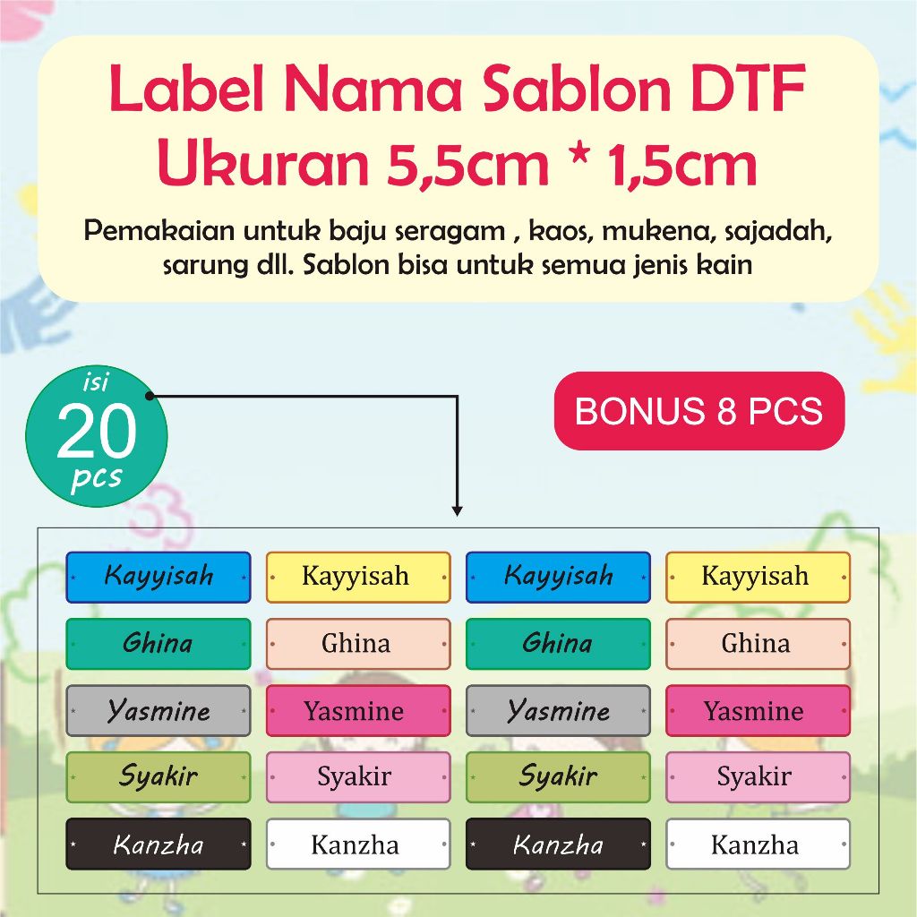 

Sablon setrika Stiker label nama stiker label nama dtf custom FREE CUSTOM NAMA stiker DIY kaos