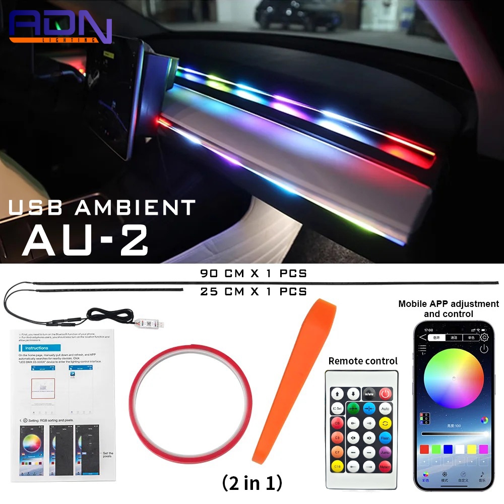 ADN AU-2 Ambient Matrix Symphony LED Interior Mobil USB – Strip 90cm + 25cm, RGB App & Remote Contro