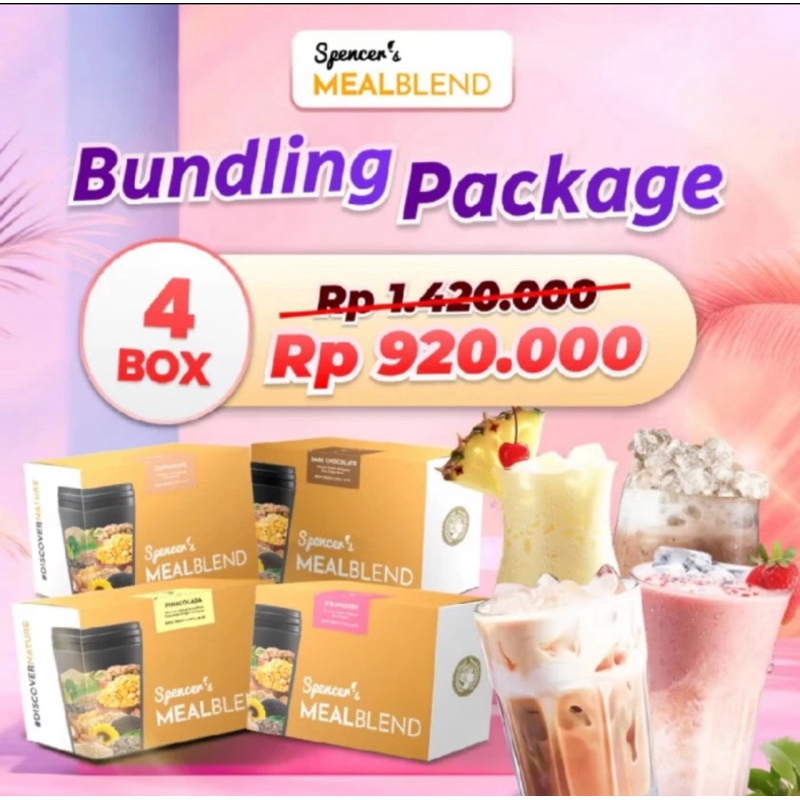 

Paket hemat Spencer's Meal Blend 4 box - pengganti sarapan dan makan malam dengan varian pilihan Cappucino, Dark Choco, Cookies, Blueberry, Taro, Vanilla, Strawberry