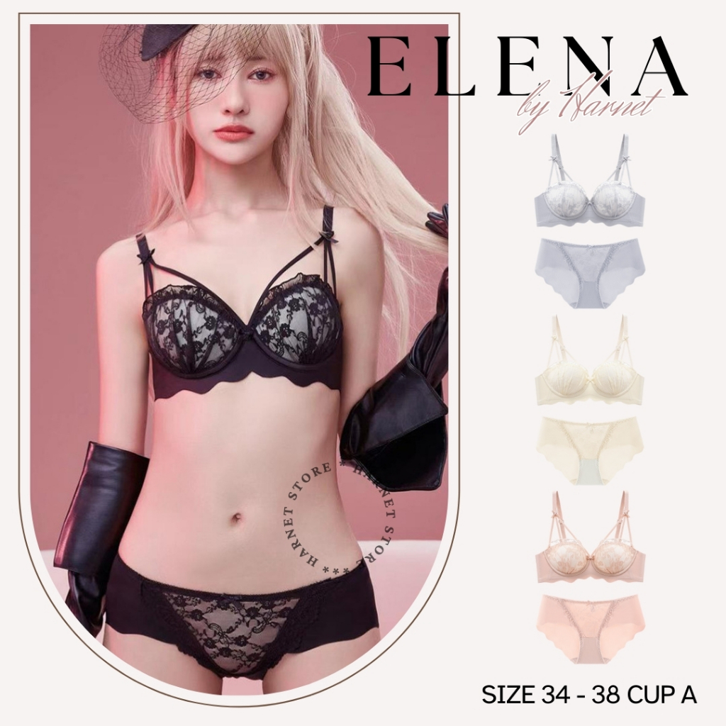 ELENA Bra Set Bh Braa Bha Setelan Sexy Renda Brokat Push Up Tanpa Kawat Cup AB Size 34-38 - HARNET