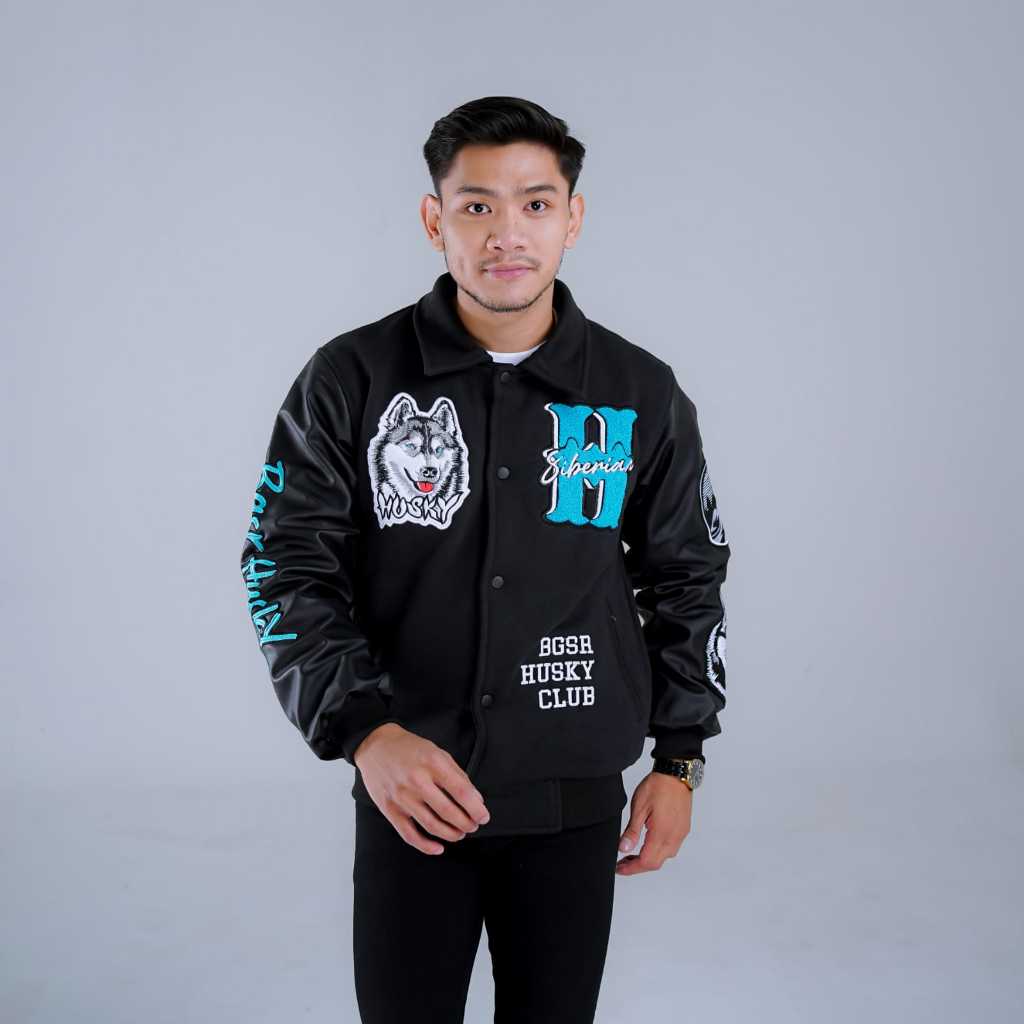 BGSR Jaket Varsity Pria Bomber Jaket Baseball HUSKEY Fleece Cotton Premium