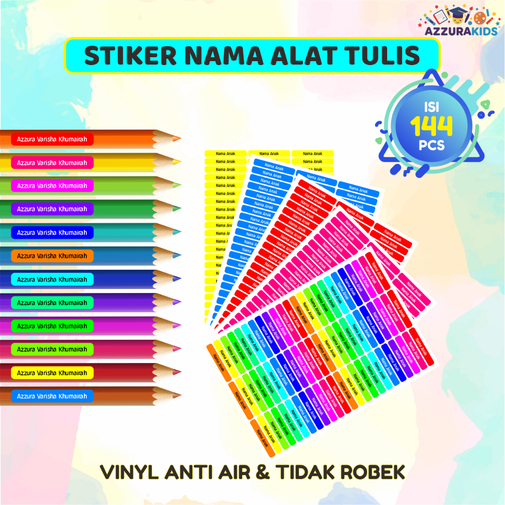 

Stiker Pensil Nama Anak Sticker Custom Label Alat Tulis Pulpen Waterproof Anti Air Warna Isi 144