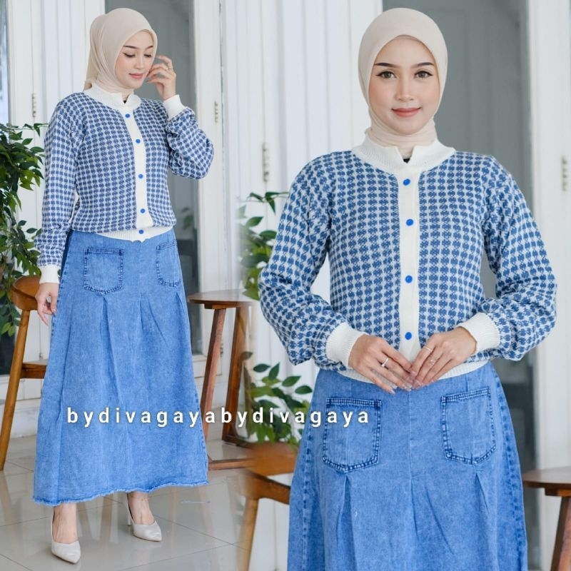 Setelan Wanita Anjani Atasan Kardigan Rajut Motif Kotak Rok Jeans Super Mayung Panjang Fashion Kekin