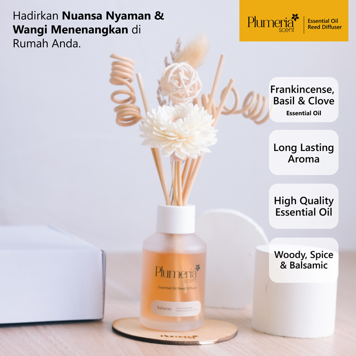 Plumeria Scent Essential Oil Reed Diffuser - Selaras (Frankincense, Basil, & Clove) - Pengharum Ruan