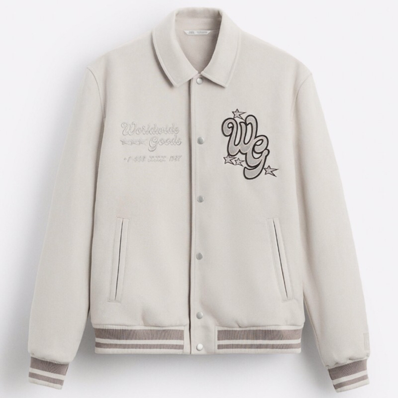 ZARA Men Faux Suede Jacket With Patches Jaket Varsity Pria Oyster White