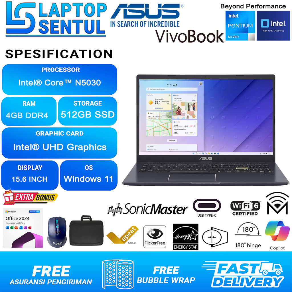 Laptop Baru Asus Vivobook L510MA Intel N5030 512GB SSD Windows 11 Office 2024 Black