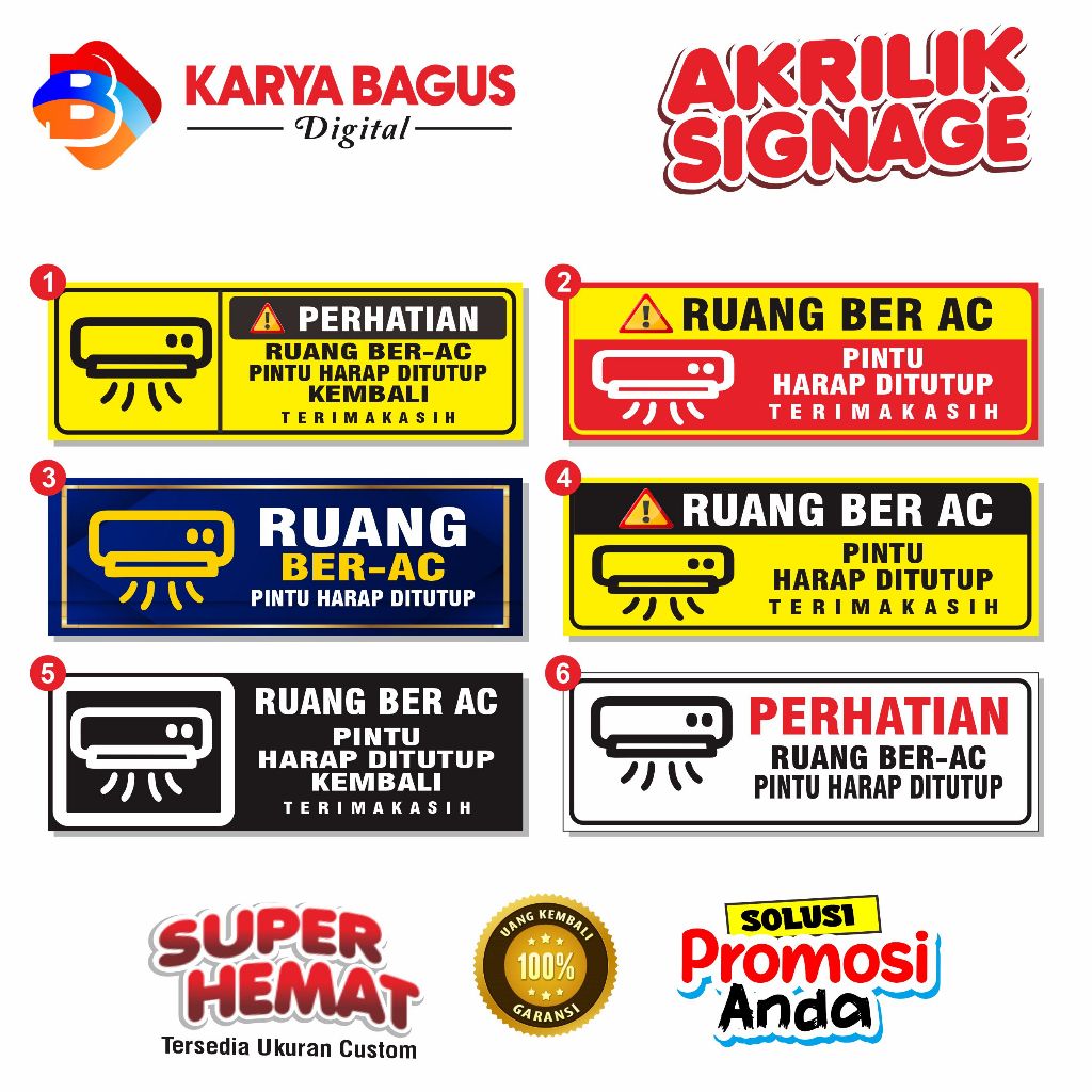 AKRILIK SIGNAGE RUANGAN BER AC PINTU HARAP TUTUP KEMBALI MUSHOLA BER AC ACRYLIC