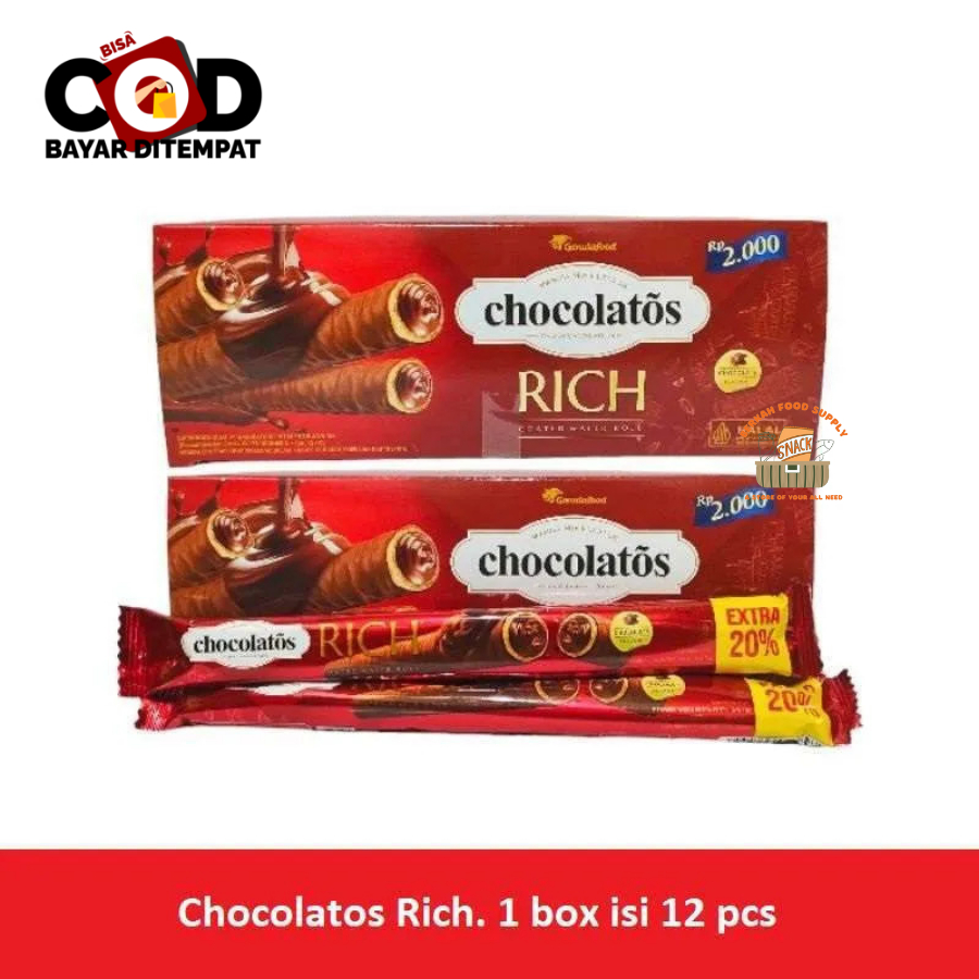 

[ BERKAH ] Chocolatos Rich Coated Wafer Roll Box Isi 12pcs Wafer Salut Cokelat Snack Cemilan Anak Murah Halal