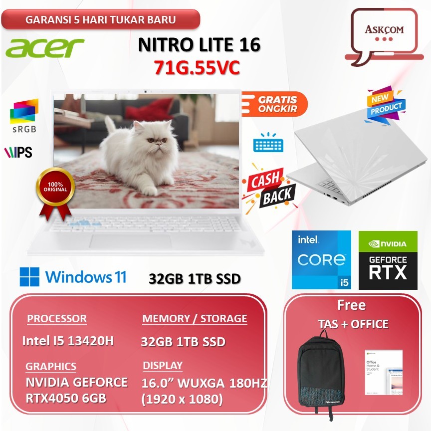 Acer Nitro Lite 16 NL16-71G-55VC Intel Core i5 13420H RTX4050 6GB 16GB 1TB SSD 16.0WUXGA 180Hz