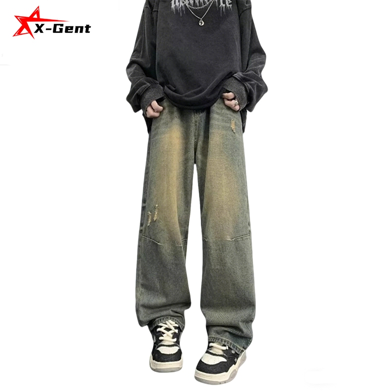 X-Gent S-5XL biru retro celana gombrong jeans kulot jumbo baggy straight denim selvedge pants cowok