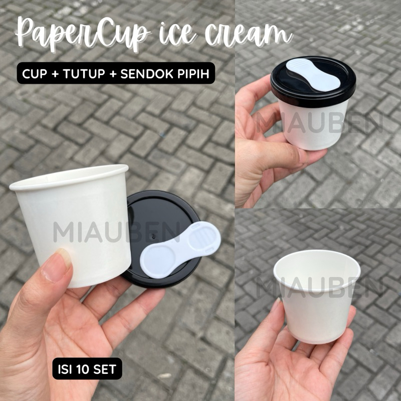 (Isi 10) Cup + tutup + scoop gelato paper cup ice cream mini 4oz