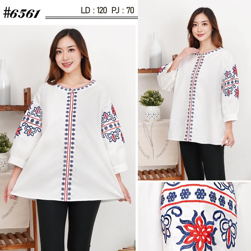 Blus putih bordir jumbo bangkok katun stretch premium