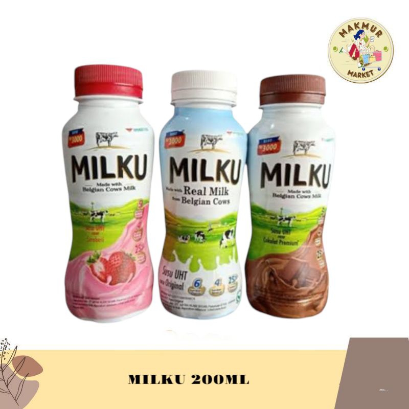 

Milku Susu Sapi UHT 200ml Made With Real Milk Belgian Cows Rasa Coklat Strawberry Ori Instan Kemasan Botol