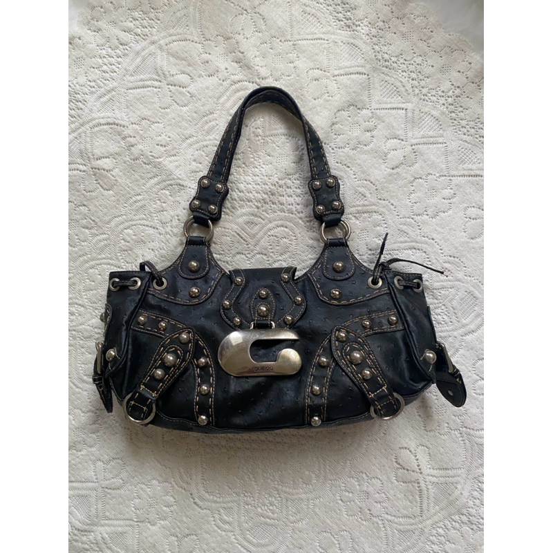 Tas Vintage Y2K Guess Studded Black Orchid Leather Shoulder Bag Goth Grunge Rock Preloved Thrift