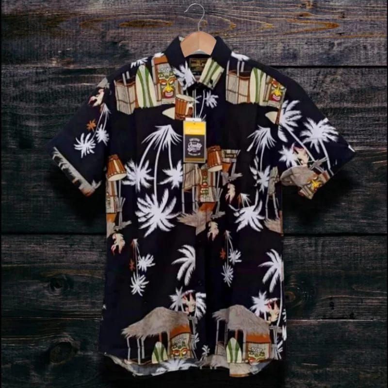 kemeja motif pantai putih dan hitam pria dan wanita masakini distro