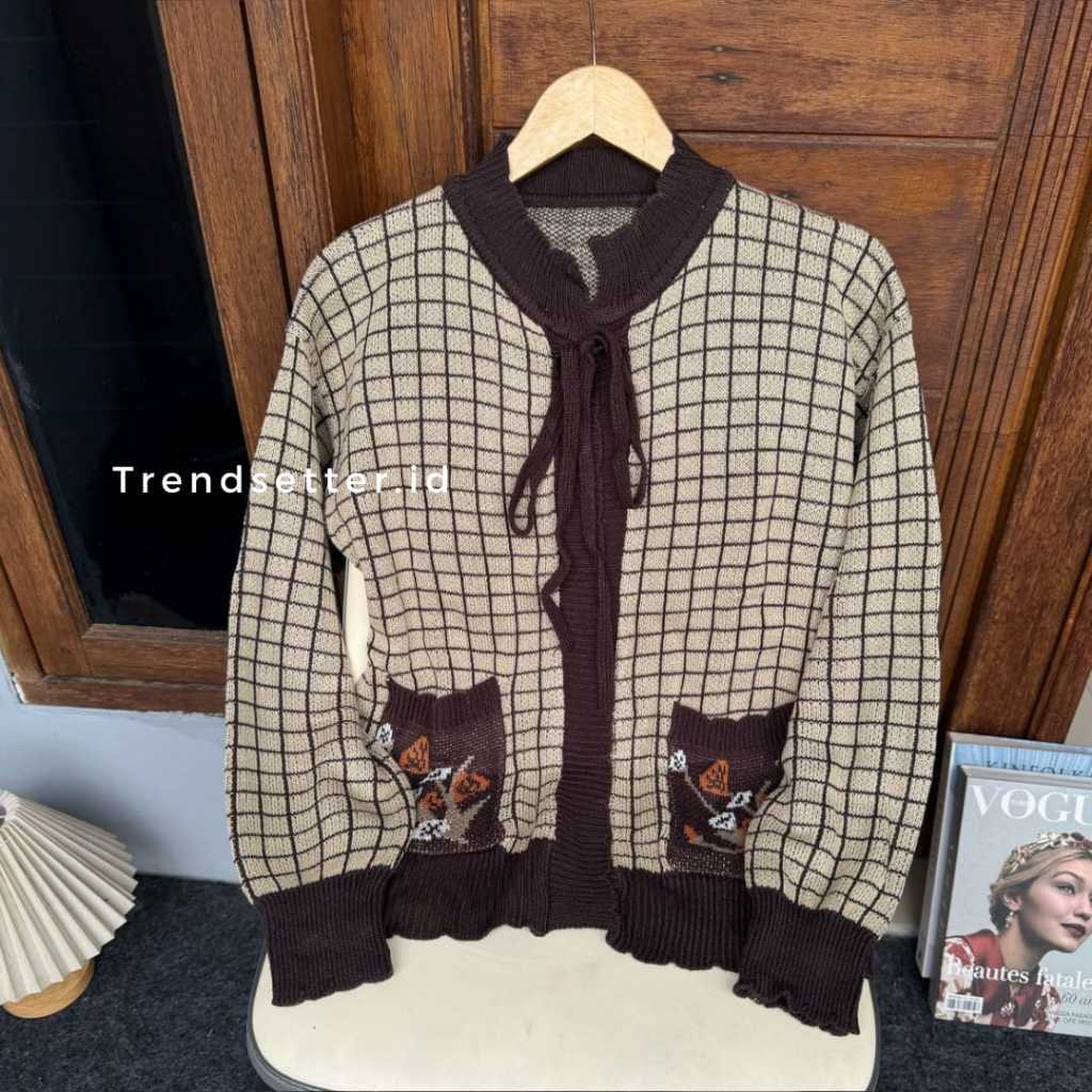 Cardigan Rajut Pita Motif Kotak- Cardy Amel Bunga Saku Lengan Panjang Korea