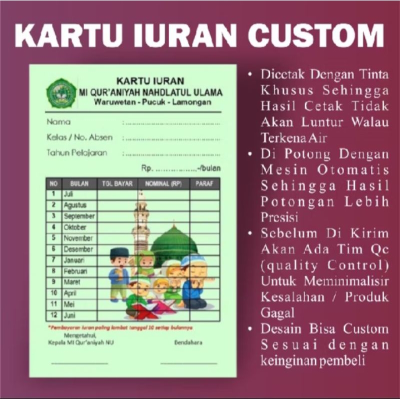 

Kartu Infaq Custom Kartu luran luran Bulanan SPP luran Kas Sampah Air Listrik