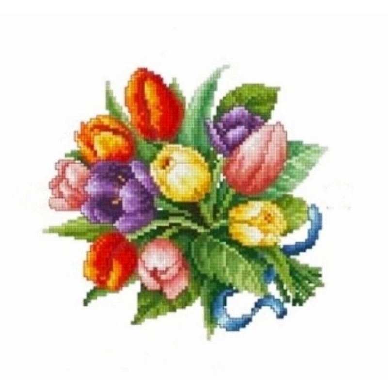 DIY PAKET KRISTIK BUNGA TULIP COLORFUL CROSS STITCH KIT 14CT KAIN POLOS