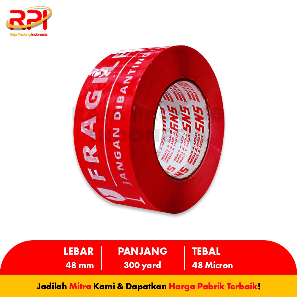 

Lakban Fragile 300 Yard x 48 Mm x 48 Mic Sticky N Strong (SNS) RAJA PACKING INDONESIA