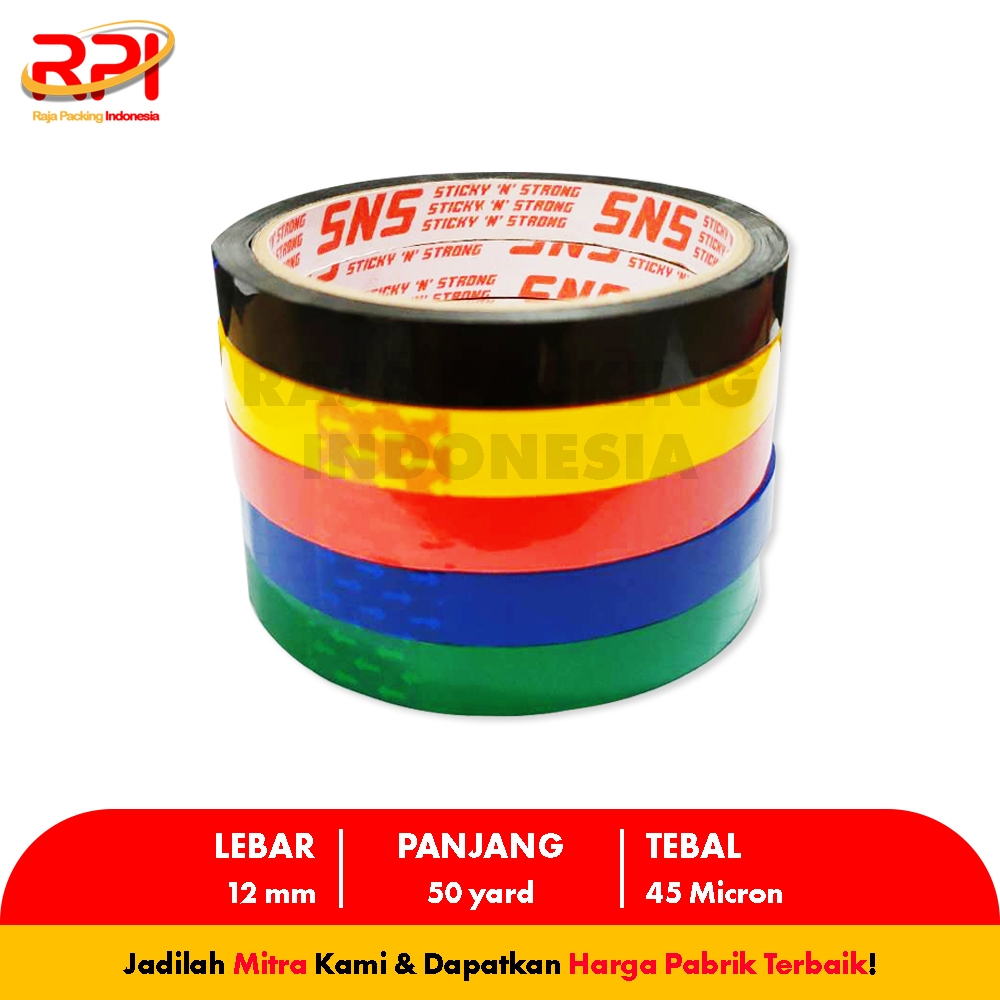 

Isolasi Warna Warni 50 Yard x 12 Mm x 45 Mic Sticky N Strong (SNS) RAJA PACKING INDONESIA