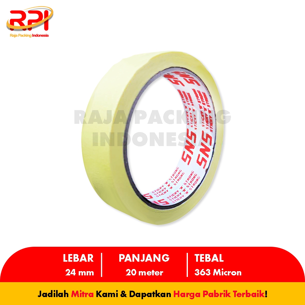 

Lakban Kertas / Masking Tape 20 Meter x 24 Mm (1 Inch) Sticky N Strong (SNS) RAJA PACKING INDONESIA