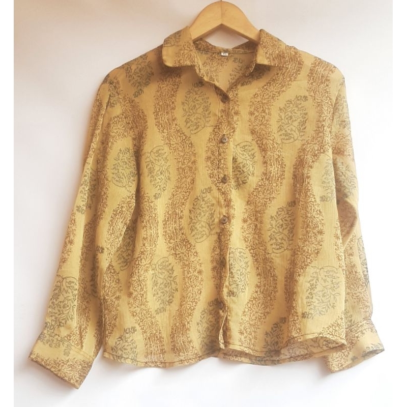 Kemeja Atasan Wanita Semi Transparan Motif Daun Etnik Vintage Pakaian Blouse Sheer Kerja Like New Pr